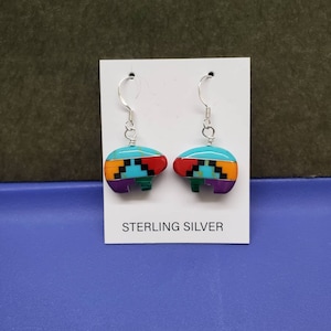 Q925 Multicolor Bear Earrings | Boho Inlay Color Bear Sterling Silver Hook Earrings | Southwestern Jewelry | Multicolor Earrings Made in USA