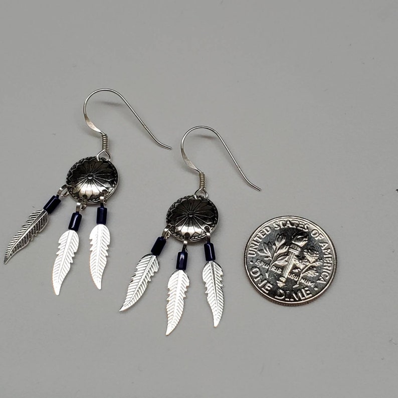 Southwestern Jewelry Made in USA Small Sterling Silver Dangle Earrings Stamping Concho With 3 Feathers Q925 Lapis Blue Dangle Earrings