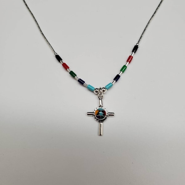 Q925 Small Inlay Multicolor Cross Pendant With Sterling Liquid Silver Necklace 16 inches | Boho Necklace | Sterling Silver Cross Necklace