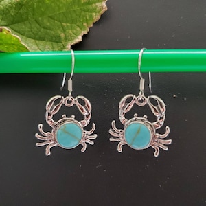 Sterling Silver Crabs Earrings | Crab Dangle Earrings | Turquoise Crab Jewelry | Southwestern Crab Jewelry | Dainty Earrings Made in USA