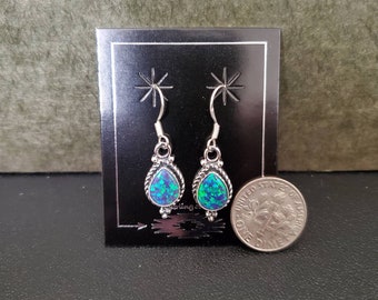 Q925 Small Fire Green Opal Teardrop Dangle Earrings | Green Opal Earrings | Sterling Silver Green Opal Jewelry | Small Light Weight Earrings
