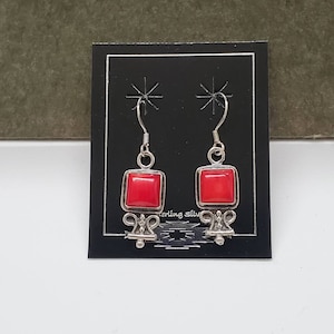 Q925 Square Red Coral Dangle Earrings | Small Coral Earrings | Sterling Silver Boho Earrings | Small Red Coral Square | Southwestern Jewelry