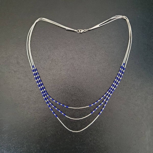 Q925 3 Strands Blue Lapis Necklace With Sterling Liquid Silver Necklace 18 inches | Big Necklace | Sterling Silver Southwestern Necklace