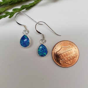 Q925 Small Teardrop Dark Blue Opal Dangle Earrings | Sterling Silver Simple Earrings Jewelry | Small Dark Blue Opal Earrings | Made in USA