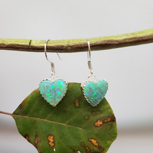 Q925 Simple Lime Green Opal Heart Dangle Earrings | Sterling Silver Fire Opal Earrings | Simple Earrings | Sterling Silver Boho Earrings