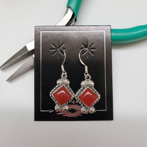 Q925 Square Carnelian Dangle Earrings | Sterling Silver Dangle Earrings | Square Shape Carnelian Jewelry | Southwest Earrings | Made in USA