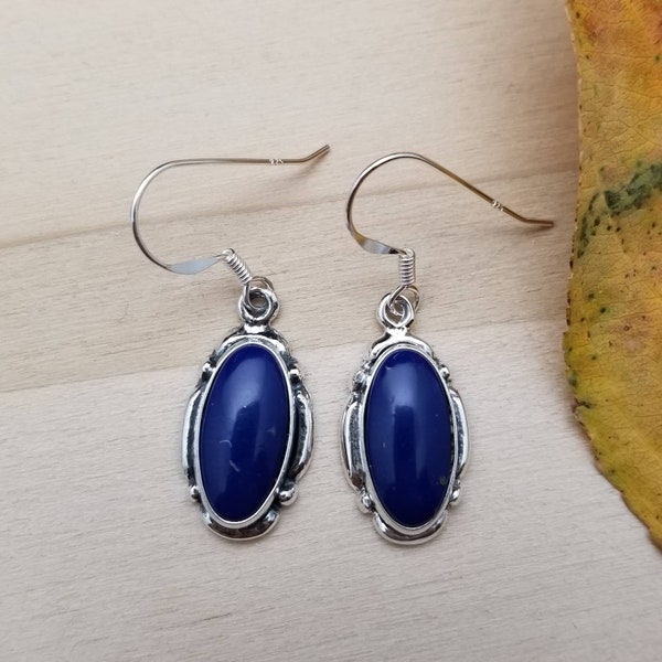 Q925 Blue Lapis Dangle Earrings | Sterling Silver Blue Lapis Earrings | Blue Lapis Southwestern Jewelry | Silver Lapis Jewelry | Made in USA