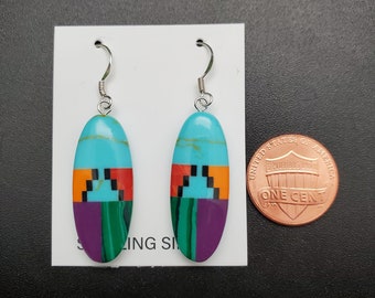 Q925 Big Multicolor Dangle Earrings | Inlay Multicolor Earrings | Southwestern Jewelry | Big Inlay Earrings | Bright Color Dangle Earrings