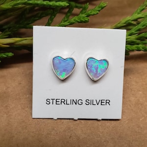 Q925 Blue Opal Heart Post Earrings | Small Blue Opal Studs | Blue Opal Stud Earrings | Small Silver Studs | Gift For Her | Made in USA