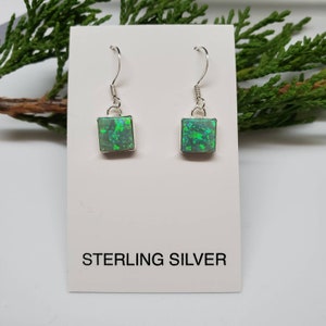 Q925 8mm Square Lime Green Opal Dangle Earrings | Lime Green Opal Jewelry | Sterling Silver Dangles | Fire Opal Jewelry | Simple Earrings