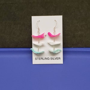 Q925 Multicolor Fetish Birds Earrings | Liquid Silver and 3 Birds Hook Earrings | Southwestern Jewelry | Multicolor Earrings | Made in USA