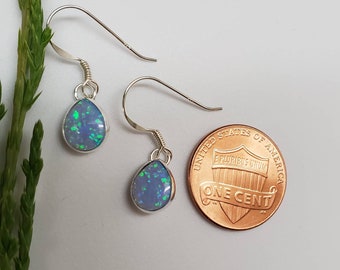 Q925 Light Blue Opal Dangle Earrings | Blue Opal Teardrop Earrings | Simple Silver Opal Earrings | Light Weight Earring | Dainty Blue Opal