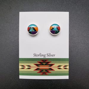 8mm Inlay Multicolor Post Earrings | Multicolor Stud Earrings | Sterling Silver Post Earrings | Southwestern Jewelry | Small Post Earrings