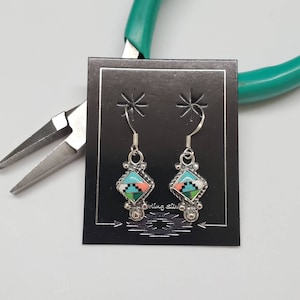 Small Multicolor Inlay Dangle Earrings | Sterling Silver Dangle Earrings | Sterling Silver Multicolor Jewelry | Silver Earrings Made in USA