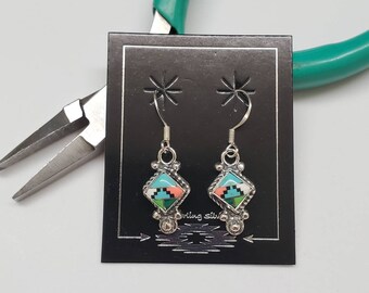 Small Multicolor Inlay Dangle Earrings | Sterling Silver Dangle Earrings | Sterling Silver Multicolor Jewelry | Silver Earrings Made in USA