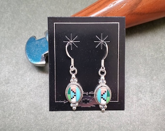 Q925 Small Inlay Multicolor Dangle Earrings | Sterling Silver Dangle Earrings | Sterling Silver Multicolor inlay Jewelry | Made in USA