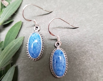Q925 Long Oval Denim Lapis Earrings | Sterling Silver Dangle Earrings | Denim Blue Jewelry | 14x7mm Oval Earrings | Rope Concho Earrings