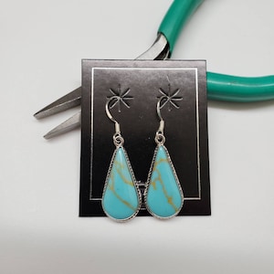 Q925 Long Teardrop Kingman Turquoise Dangle Earrings | Sterling Silver Dangle Earrings | Turquoise Jewelry | Turquoise Earrings Made in USA