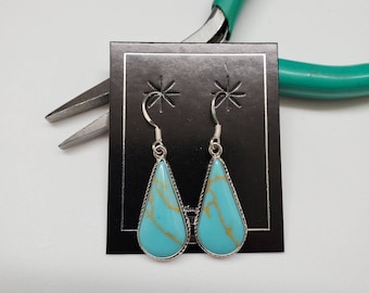 Q925 Long Teardrop Kingman Turquoise Dangle Earrings | Sterling Silver Dangle Earrings | Turquoise Jewelry | Turquoise Earrings Made in USA