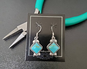 Q925 Small Square Kingman Turquoise Dangle Earrings | Sterling Silver Dangle Earrings | Turquoise Jewelry | Cute Silver Earrings Made in USA