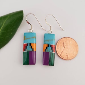 Q925 Large Multicolor Sterling Silver Hook Earrings | Reversible Turquoise and Inlay Multicolor Stone | Big Southwest Earrings | Made in USA