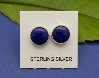 Q925 8mm Round Lapis Stud Earrings |Sterling Silver | Made in USA | Lapis Post Earrings | Silver Posts | Dainty Blue Lapis Earrings | Simple