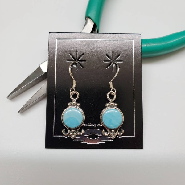 Q925 Larimar Dangle Earrings | Sterling Silver Dangle Earrings | Sterling Silver Larimar Jewelry | Southwest Hook Earrings Made in USA