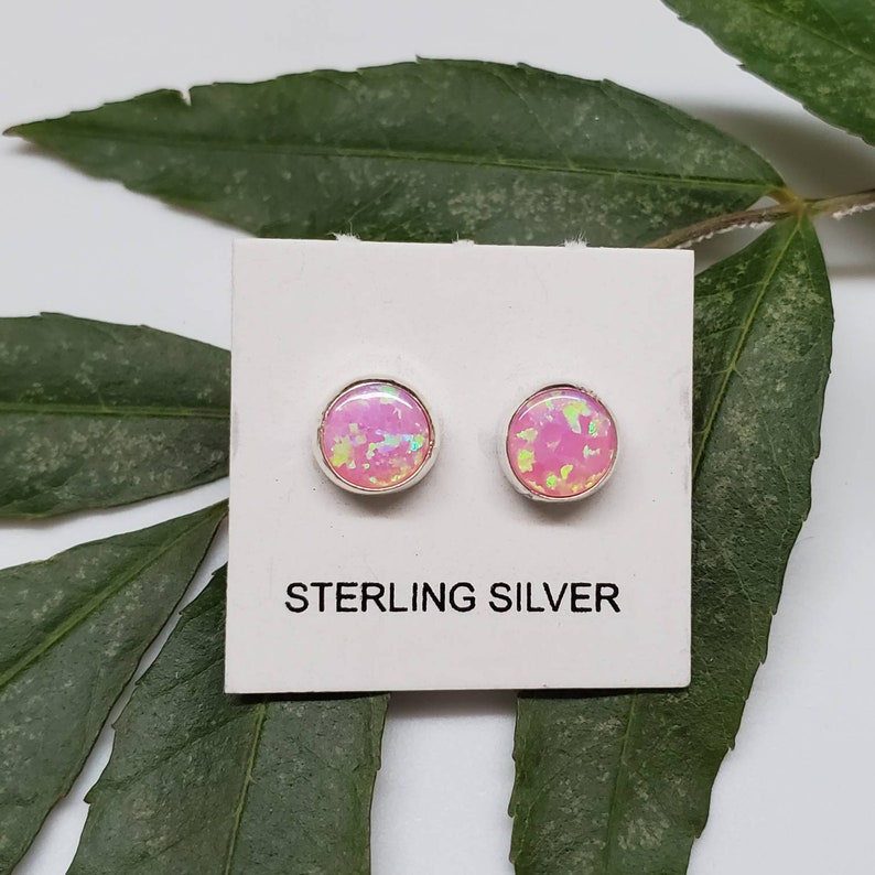 Sterling silver stud earrings - fire opal studs 6mm - 8 colors desert opal 6mm round shape - mini opal studs - everyday studs Made in USA Pink