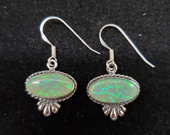 Q925 Lime Green Opal Earrings | Sterling Silver Dangle Earrings | Southwest Opal Earrings | Dainty Lime Green Jewelry | Fire Opal Earrings