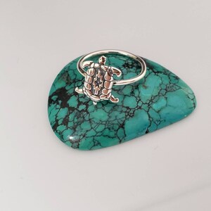 May include: A silver ring with a turtle design. The ring is sitting on a turquoise stone.