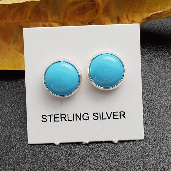 8mm Round Sleeping Beauty Turquoise Stud Earrings | Blue Turquoise | Sterling Silver | Made in USA | Silver Post Earrings | Blue Studs