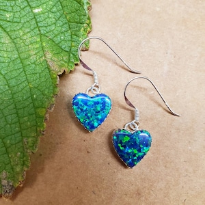 Q925 Fire Green Opal Heart Dangle Earrings | Sterling Silver Opal Dangle Earrings | Lovely Heart Earrings | Green Opal Earrings Made in USA