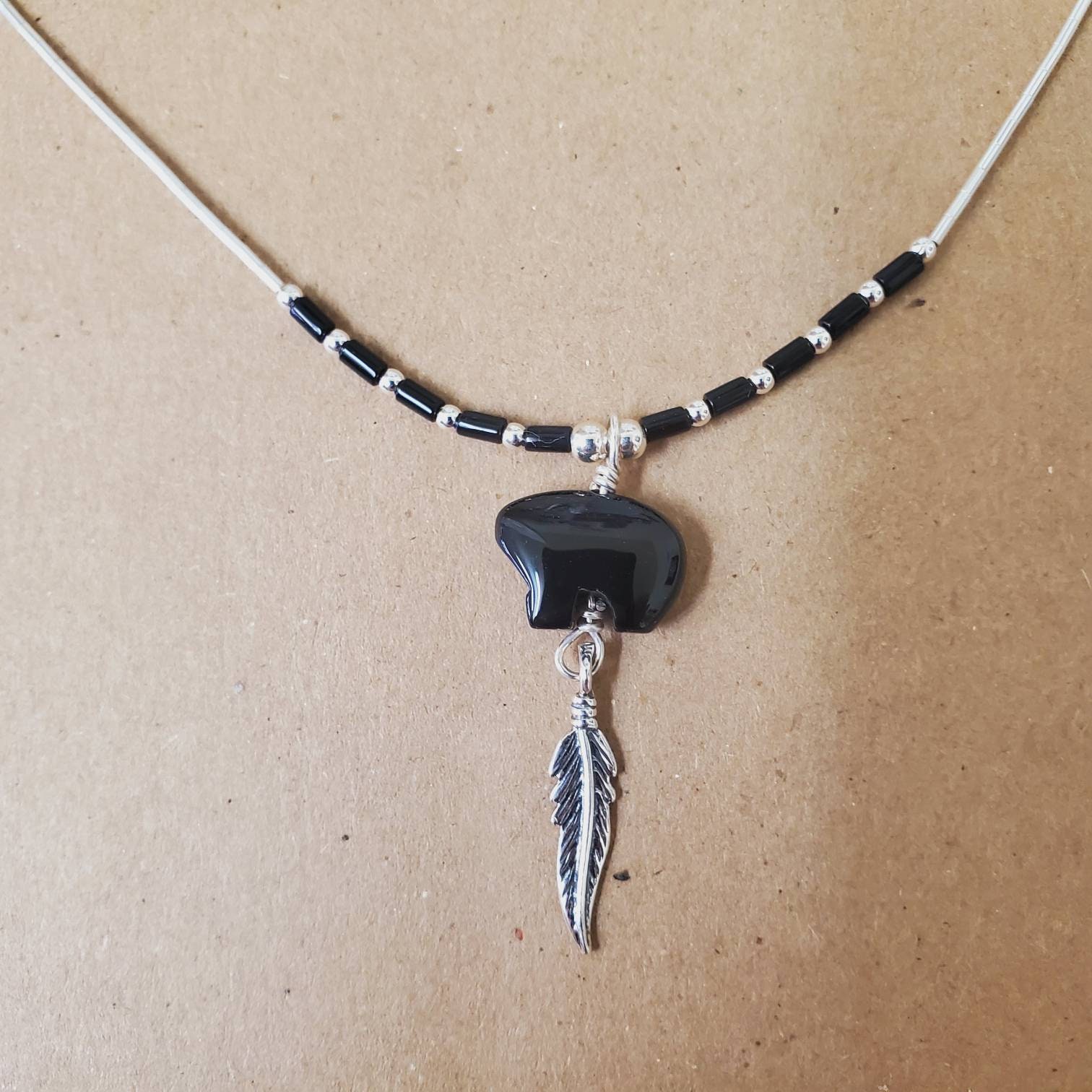 Q925 Small Black Bear Necklace Pendant With Liquid Silver