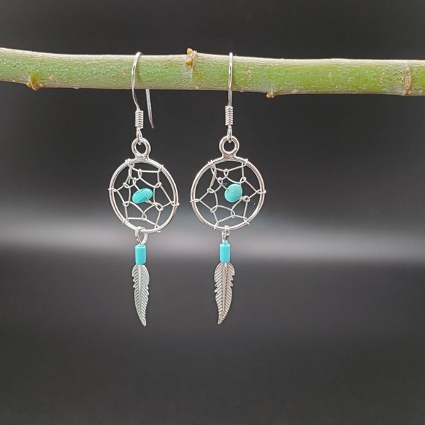 Q925 Dream Catcher Earrings | Sterling Silver Dream catcher Dangle Earrings with Feather and Turquoise | Handcrafted in USA