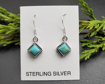 Q925 6x6mm Sterling Silver Square Turquoise | Kingman Turquoise Dangle Earrings | Southwestern Jewelry | Southwest Earrings | Made In USA
