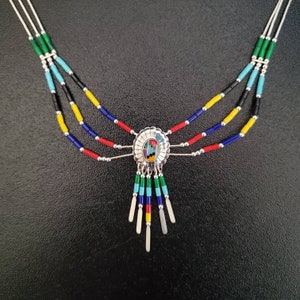 Q925 3 Stränge Multicolor Halskette mit Sterling Liquid Silber Halskette 18 Zoll | Große Sterling Silber Southwestern Halskette | Hergestellt in den USA