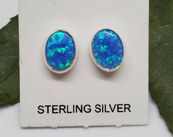 5x7mm Oval CZ & Opal Stud Earrings - 925 Sterling Silver Posts With Butterfly Backs