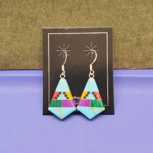 Q925 Big Multicolor Earrings | Inlay Multicolor Sterling Silver Hook Earrings | Southwestern Jewelry | Big Southwest Earrings | Made in USA