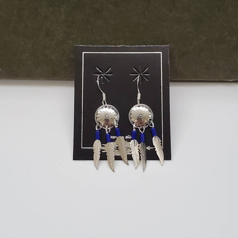 Southwestern Jewelry Made in USA Small Sterling Silver Dangle Earrings Stamping Concho With 3 Feathers Q925 Lapis Blue Dangle Earrings