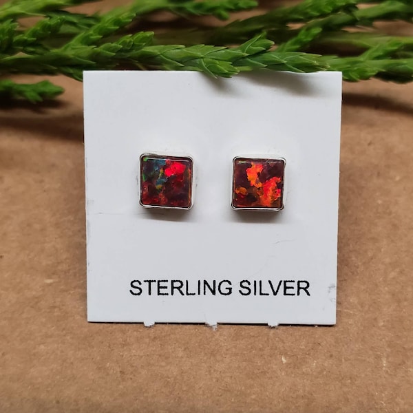 Q925 5mm Fire Red Opal Studs | Mini Dots | Opal Stud Earrings |  Square Studs Post Earrings | Gift For Her | Everyday Studs | Made In USA