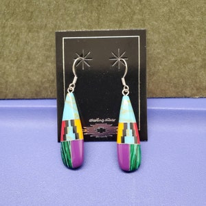 Q925 Big Multicolor Dangle Earrings | Boho Inlay Sterling Silver Hook Earrings | Southwestern Jewelry | Multicolor Earrings | Made in USA