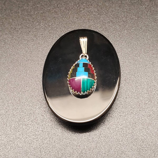 10x15mm Simple Teardrop Multicolor Necklace Pendant Without Chain | Sterling Silver Pattern Inlay Pendant | Colorful Inlay Southwest Pendant