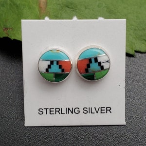 Q925 8mm Round Inlay Studs | Sterling Silver Stud Earrings | Southwestern Jewelry | Multicolor Post Earrings | Dainty Silver Stud Earrings