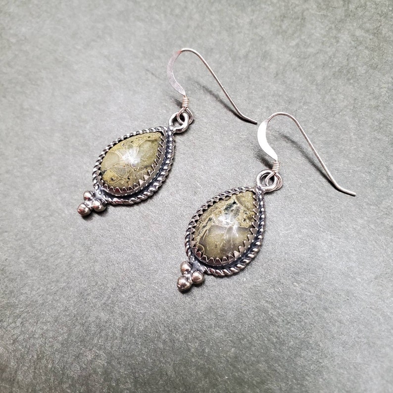 Sterling Silver Dangle Earrings Southwestern Jewelry Q925 Big Green Agate Teardrop Earrings Agate Teardrop Boho Earrings Made in USA