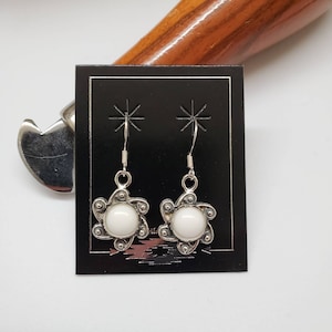 Q925 Plain White Buffalo Turquoise Dangle Earrings | Sterling Silver Dangle Earrings | Flower Concho White turquoise Earrings | Made in USA