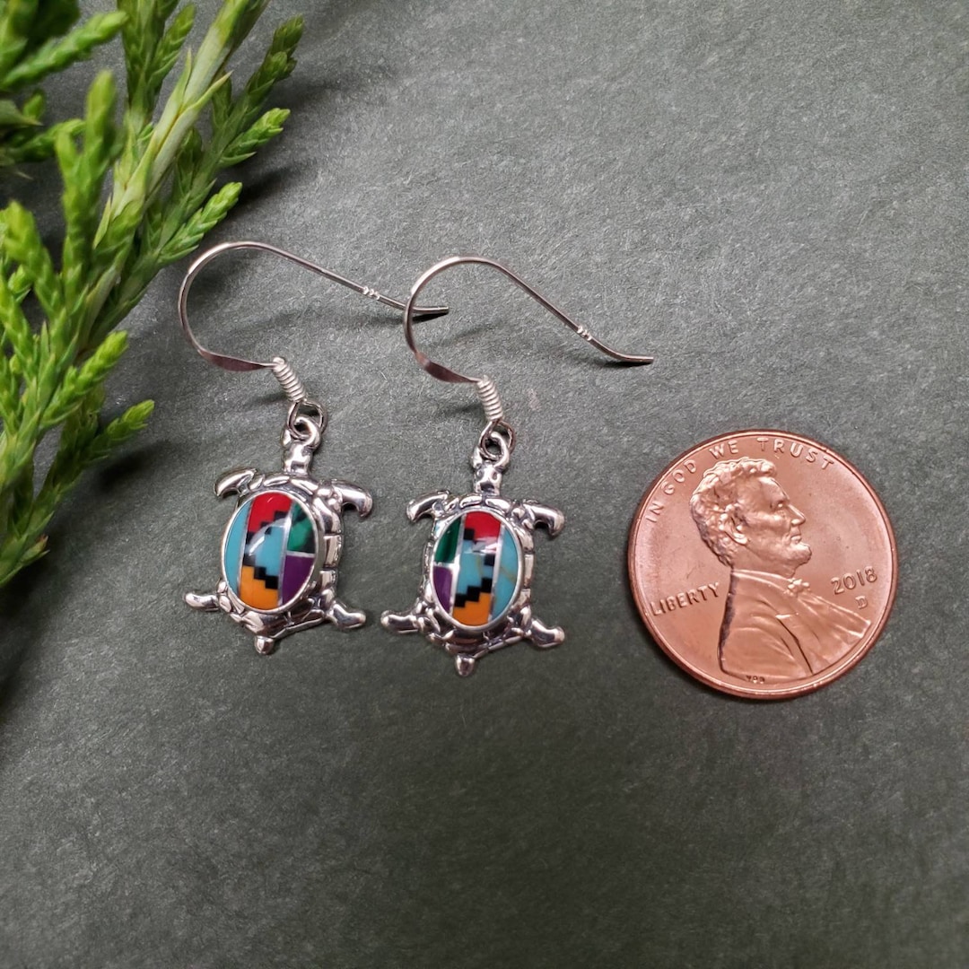 Sea Turtle Inlay Q925 Small Inlay Multicolor Sea Turtle Dangle Earrings | Sterling ...