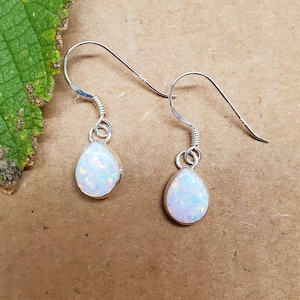 Sterling Silver Fire White Opal Dangle Earrings | Opal hooks | Small Dangle Earrings | Teardrop Opal Earrings | Small Teardrop | Made In USA