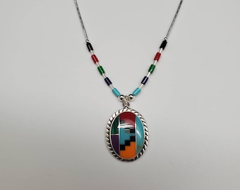 Q925 Big Multicolor Pendant With Sterling Liquid Silver Necklace 18 inches | Boho Necklace | Sterling Silver Southwestern Necklace | Boho