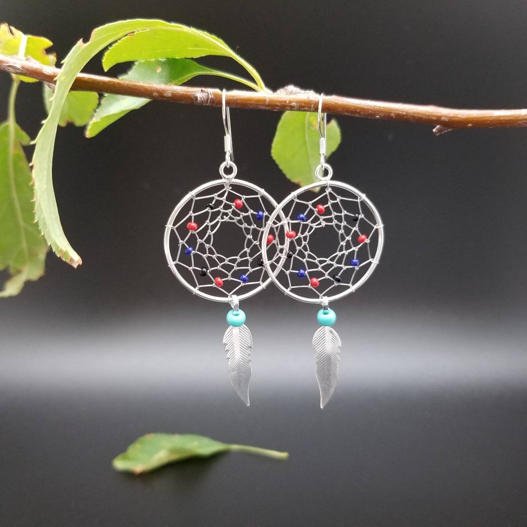 Turquose Dream Catcher / Feather Ear Jackets Earrngs / Flower Chld