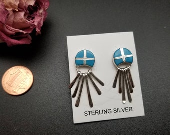 Sterling Silver Post Earrings | Turquoise Inlay Earrings | Southwestern Jewelry | Turquoise Post Earrings | Dainty Blue Inlay Silver Dangles